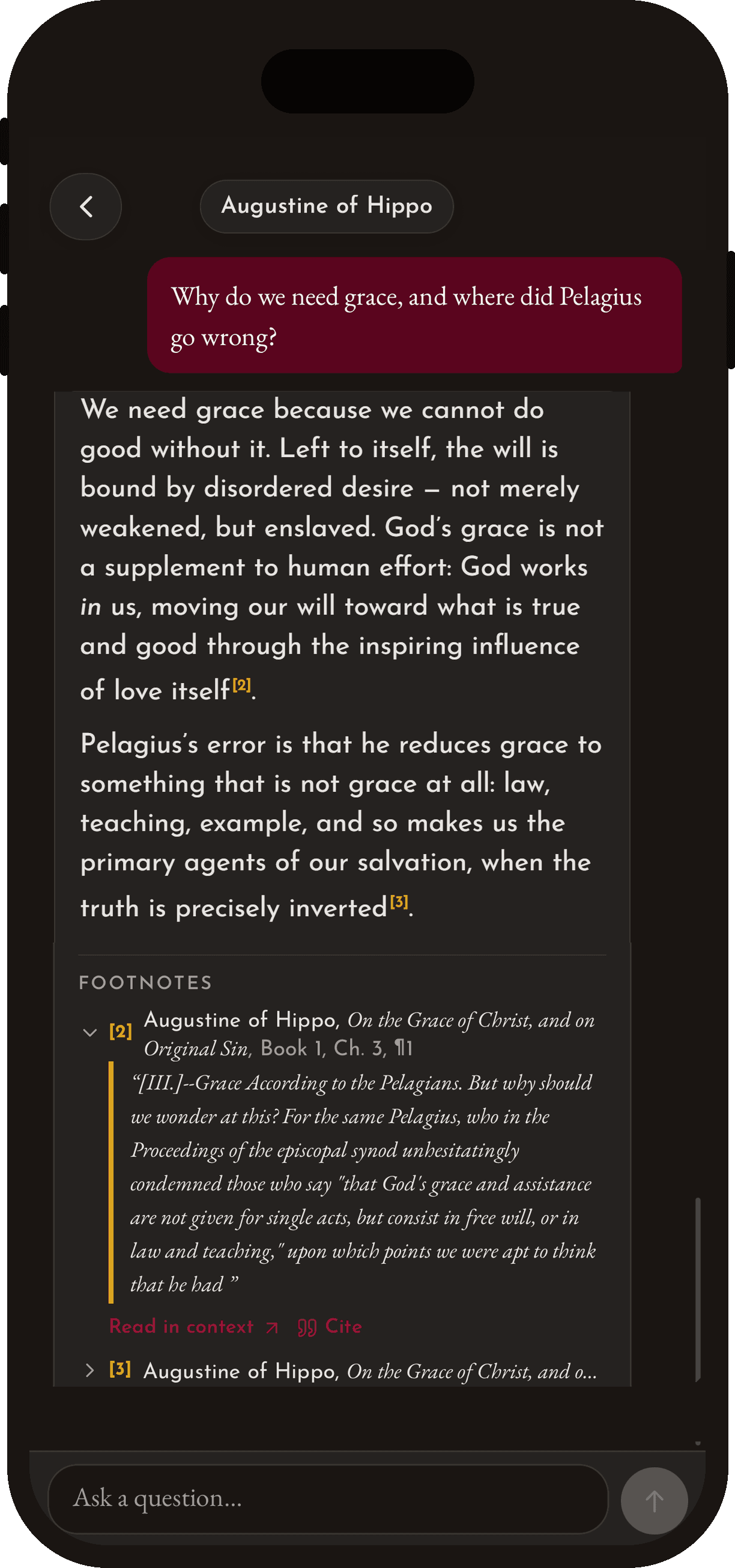 AdFontes app: chatting with Augustine of Hippo, with footnoted citations to On the Grace of Christ